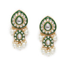 Pearled Petals Kundan Wedding Set. Gold and green Kundan necklace set with pearls, matching earrings, and maang tikka ideal for festive and traditional wear.
