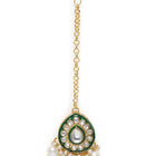 Pearled Petals Kundan Wedding Set. Gold and green Kundan necklace set with pearls, matching earrings, and maang tikka ideal for festive and traditional wear.