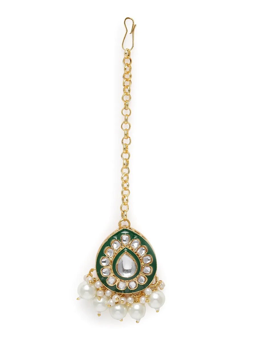 Pearled Petals Kundan Wedding Set. Gold and green Kundan necklace set with pearls, matching earrings, and maang tikka ideal for festive and traditional wear.