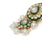 Pearled Petals Kundan Wedding Set. Gold and green Kundan necklace set with pearls, matching earrings, and maang tikka ideal for festive and traditional wear.