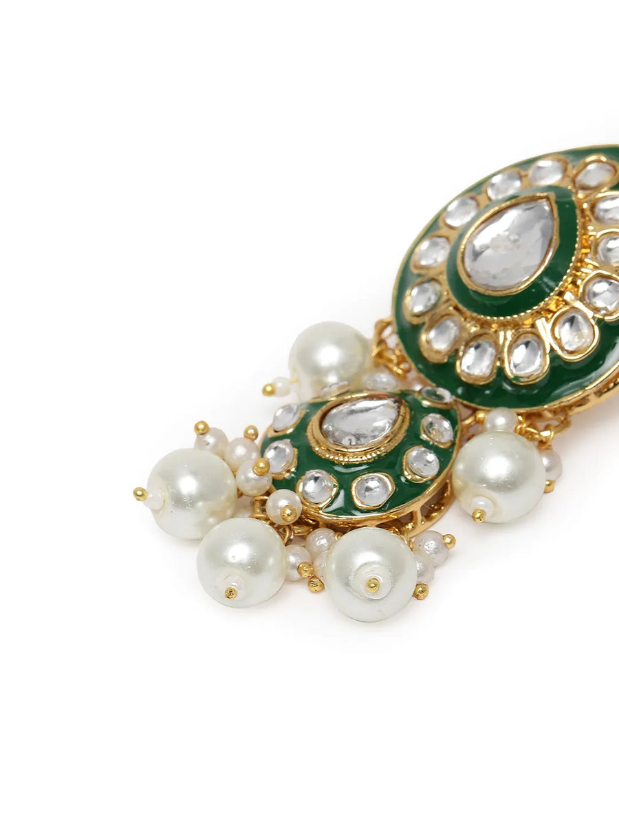 Pearled Petals Kundan Wedding Set. Gold and green Kundan necklace set with pearls, matching earrings, and maang tikka ideal for festive and traditional wear.