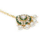Pearled Petals Kundan Wedding Set. Gold and green Kundan necklace set with pearls, matching earrings, and maang tikka ideal for festive and traditional wear.