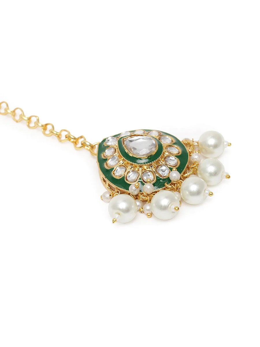Pearled Petals Kundan Wedding Set. Gold and green Kundan necklace set with pearls, matching earrings, and maang tikka ideal for festive and traditional wear.