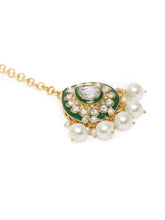 Pearled Petals Kundan Wedding Set. Gold and green Kundan necklace set with pearls, matching earrings, and maang tikka ideal for festive and traditional wear.