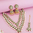 Kundan Majesty Double Layer Set. Gold and green double-layer Kundan necklace set with pearls, matching jhumka earrings, and maang tikka – perfect for festive and traditional wear.