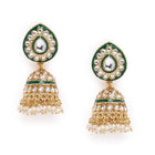 Kundan Majesty Double Layer Set. Gold and green double-layer Kundan necklace set with pearls, matching jhumka earrings, and maang tikka – perfect for festive and traditional wear.