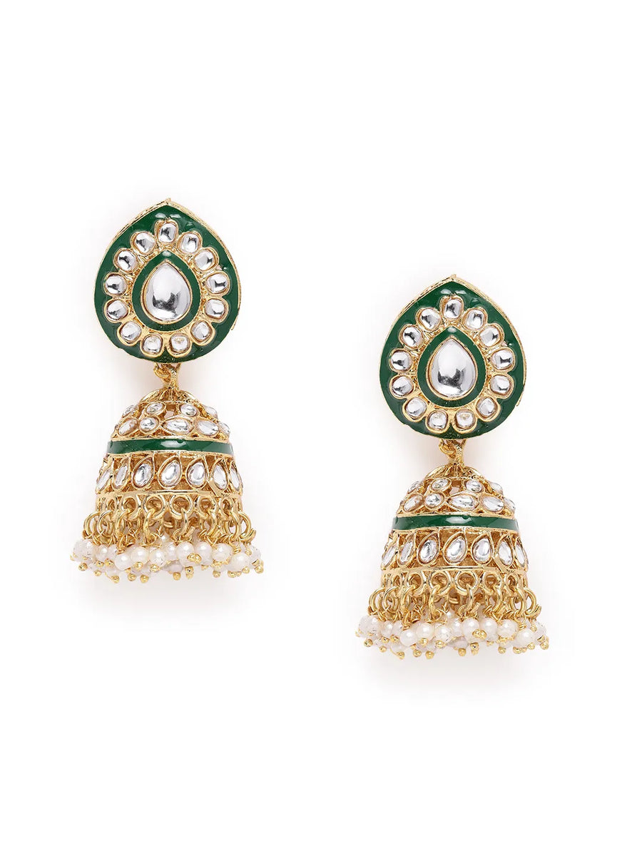 Kundan Majesty Double Layer Set. Gold and green double-layer Kundan necklace set with pearls, matching jhumka earrings, and maang tikka – perfect for festive and traditional wear.