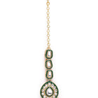 Kundan Majesty Double Layer Set. Gold and green double-layer Kundan necklace set with pearls, matching jhumka earrings, and maang tikka – perfect for festive and traditional wear.
