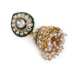 Kundan Majesty Double Layer Set. Gold and green double-layer Kundan necklace set with pearls, matching jhumka earrings, and maang tikka – perfect for festive and traditional wear.