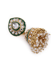 Kundan Majesty Double Layer Set. Gold and green double-layer Kundan necklace set with pearls, matching jhumka earrings, and maang tikka – perfect for festive and traditional wear.