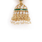 Kundan Majesty Double Layer Set. Gold and green double-layer Kundan necklace set with pearls, matching jhumka earrings, and maang tikka – perfect for festive and traditional wear.