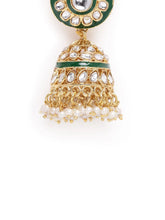 Kundan Majesty Double Layer Set. Gold and green double-layer Kundan necklace set with pearls, matching jhumka earrings, and maang tikka – perfect for festive and traditional wear.