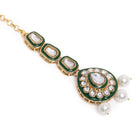 Kundan Majesty Double Layer Set. Gold and green double-layer Kundan necklace set with pearls, matching jhumka earrings, and maang tikka – perfect for festive and traditional wear.