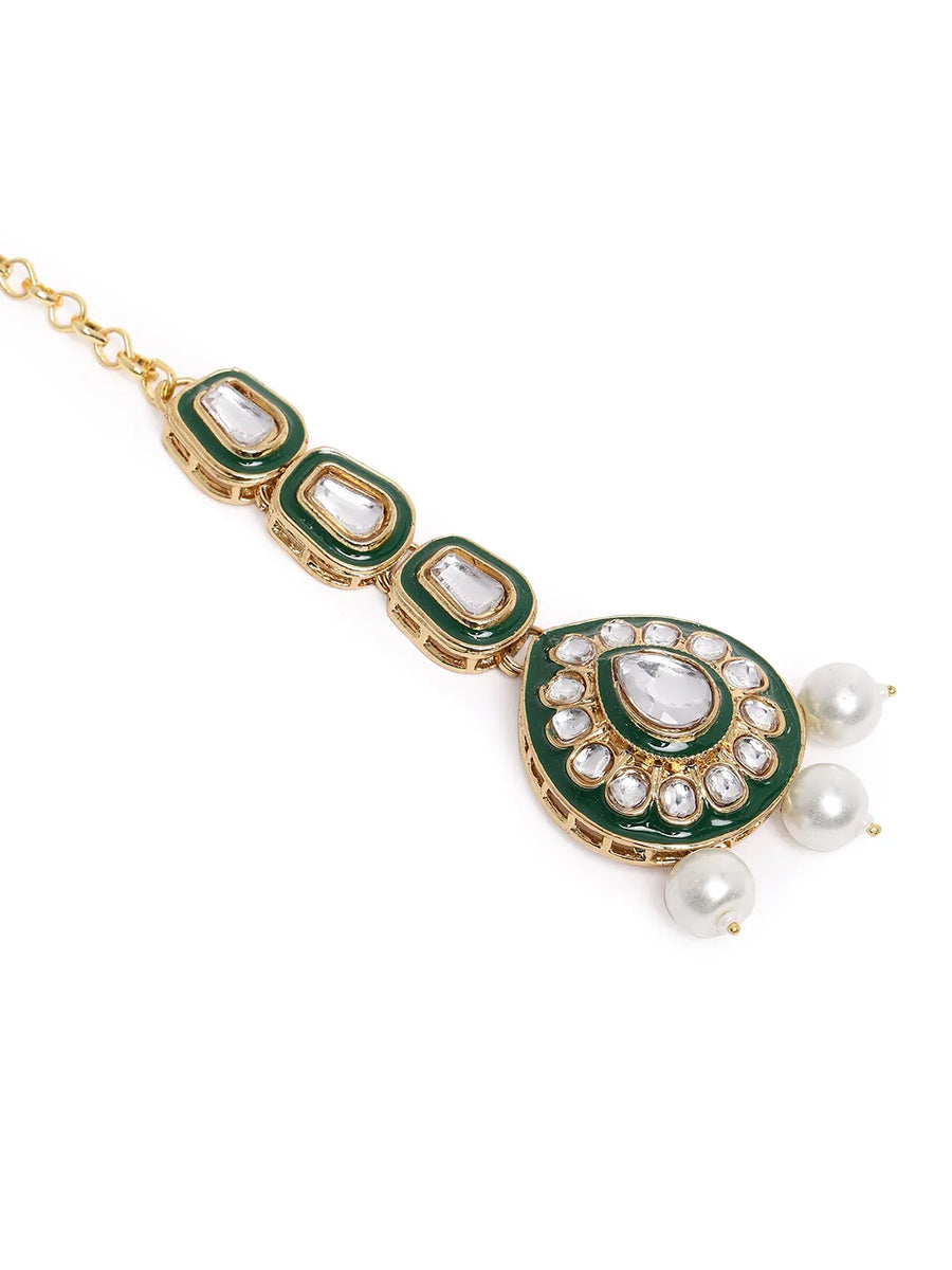 Kundan Majesty Double Layer Set. Gold and green double-layer Kundan necklace set with pearls, matching jhumka earrings, and maang tikka – perfect for festive and traditional wear.