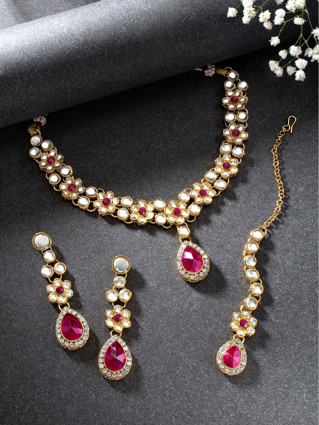 Rani Pink Hue Floral Kundan Necklace Set