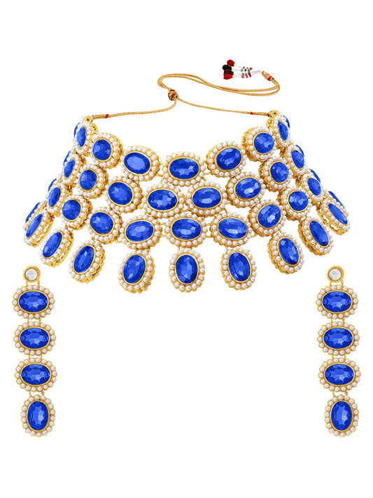 Bold Oval Crystal Necklace Set - Blue