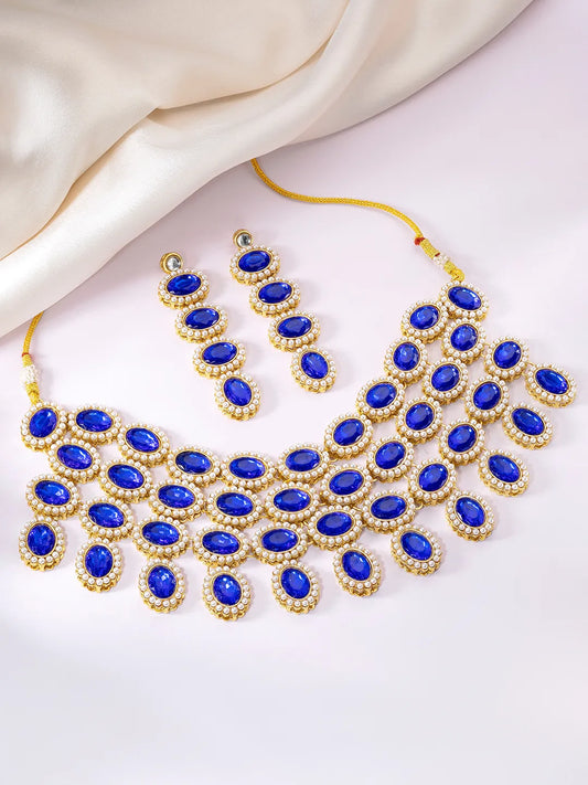 Bold Oval Crystal Necklace Set - Blue