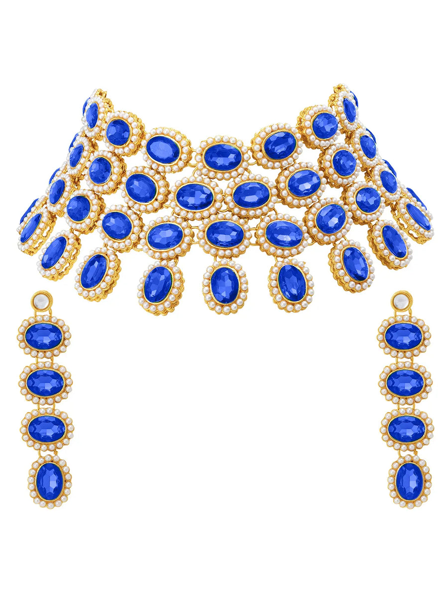 Bold Oval Crystal Necklace Set - Blue