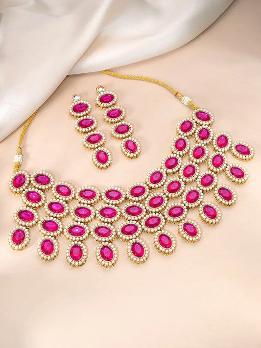 Bold Oval Crystal Necklace Set - Rani Pink