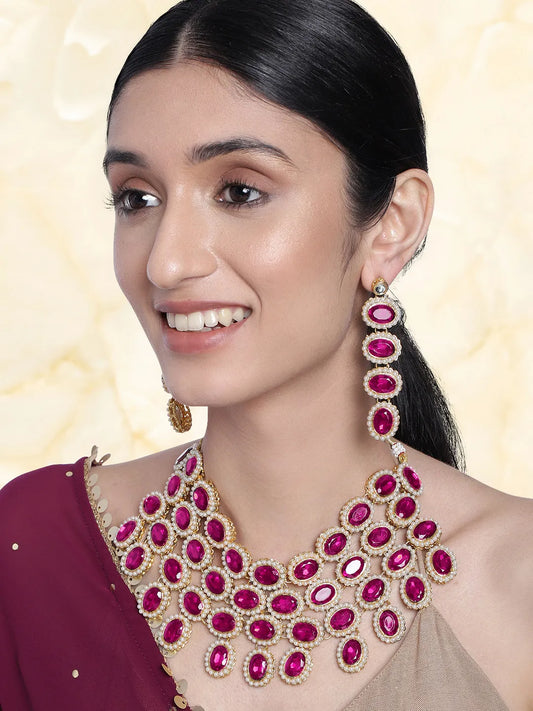 Bold Oval Crystal Necklace Set - Rani Pink
