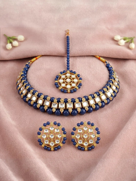 Peora Royal Blue Kundan Polki Choker Tikka Set