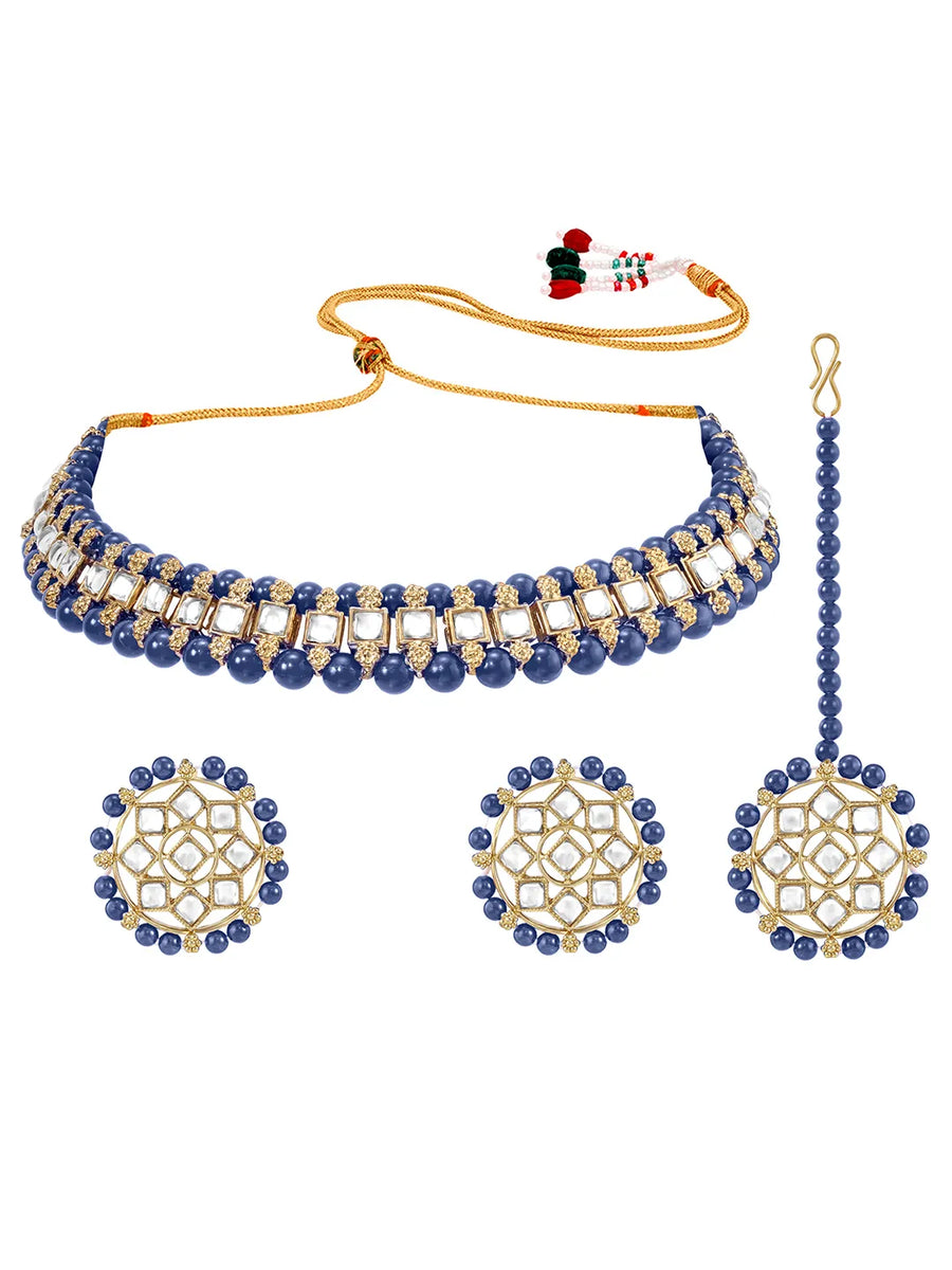 Peora Royal Blue Kundan Polki Choker Tikka Set