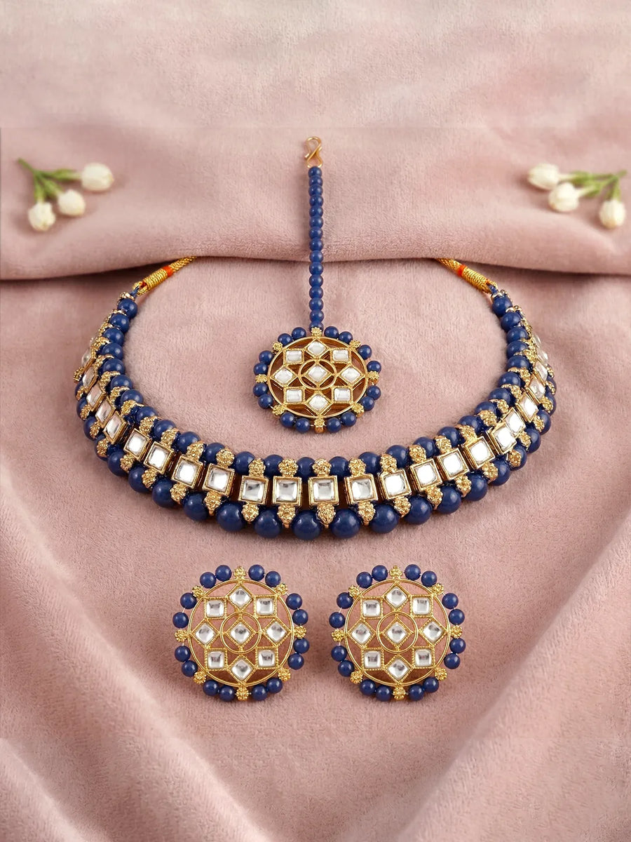 Peora Royal Blue Kundan Polki Choker Tikka Set