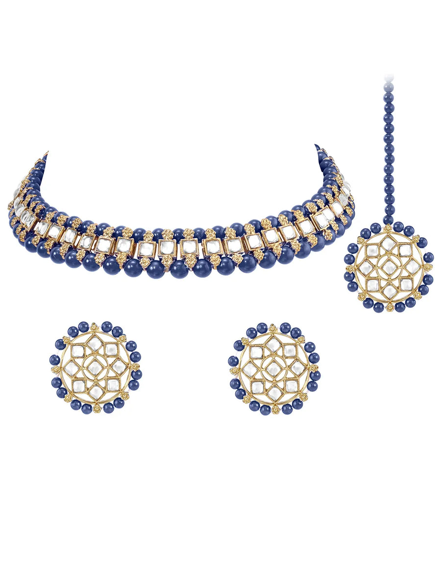 Peora Royal Blue Kundan Polki Choker Tikka Set