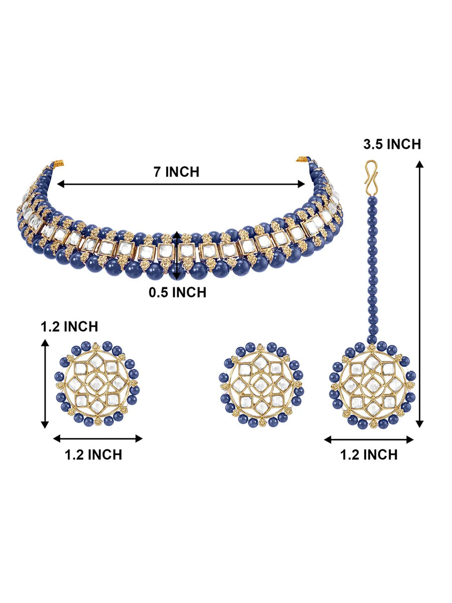 Peora Royal Blue Kundan Polki Choker Tikka Set