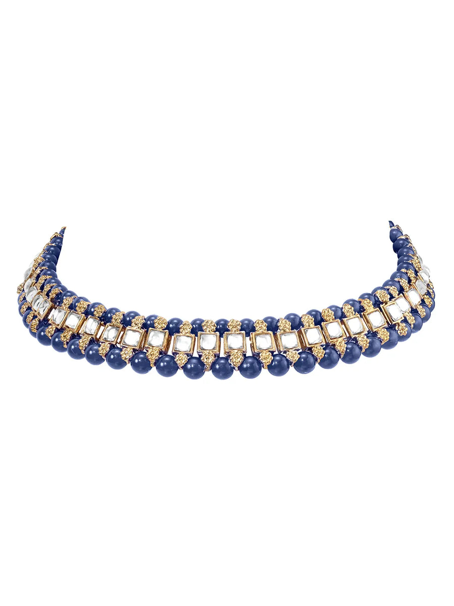 Peora Royal Blue Kundan Polki Choker Tikka Set