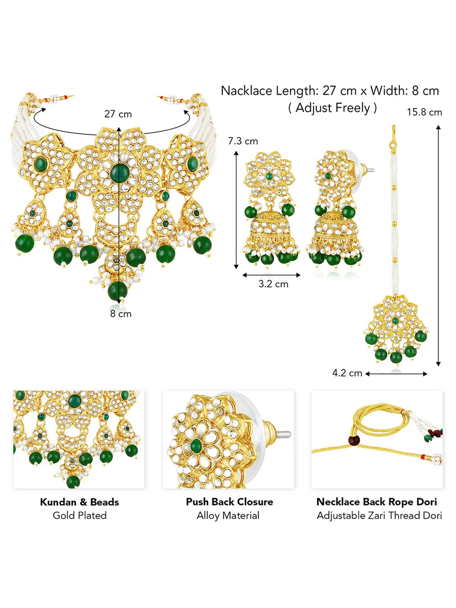 Floral Cascade Faux Kundan Set. Gold and green choker necklace set with Kundan, green beads, and white pearls, paired with matching earrings and maang tikka perfect for festive and ethnic wear.