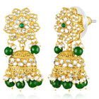 Floral Cascade Faux Kundan Set. Gold and green choker necklace set with Kundan, green beads, and white pearls, paired with matching earrings and maang tikka perfect for festive and ethnic wear.