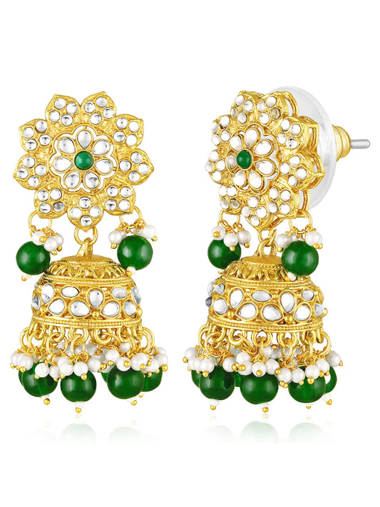 Floral Cascade Faux Kundan Set. Gold and green choker necklace set with Kundan, green beads, and white pearls, paired with matching earrings and maang tikka perfect for festive and ethnic wear.