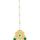Floral Cascade Faux Kundan Set. Gold and green choker necklace set with Kundan, green beads, and white pearls, paired with matching earrings and maang tikka perfect for festive and ethnic wear.