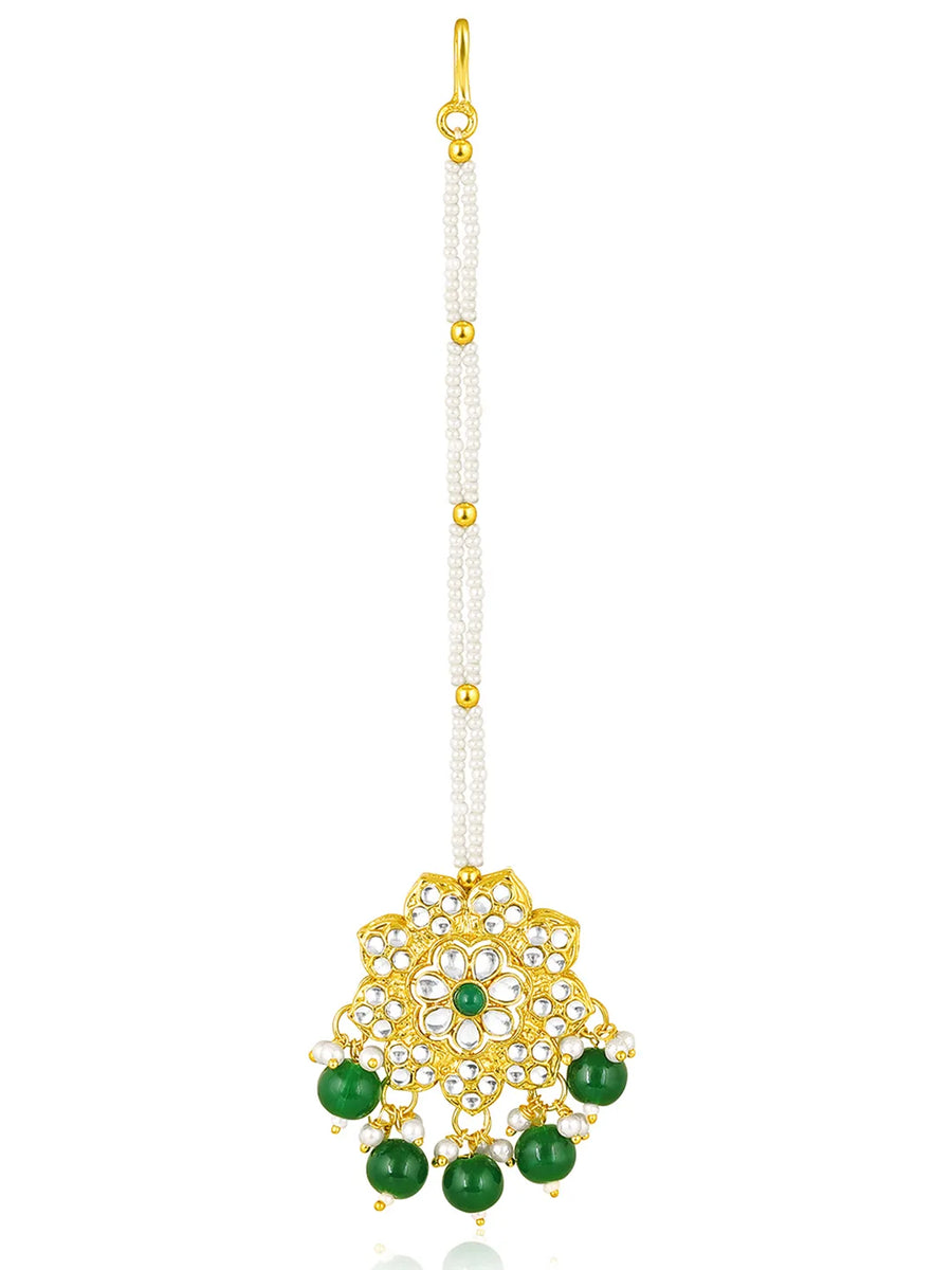 Floral Cascade Faux Kundan Set. Gold and green choker necklace set with Kundan, green beads, and white pearls, paired with matching earrings and maang tikka perfect for festive and ethnic wear.
