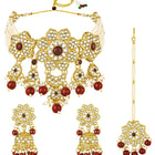 Floral Cascade Faux Kundan Set. Gold and maroon choker necklace set with Kundan, maroon beads, and white pearls, paired with matching earrings and maang tikka perfect for festive and ethnic wear.
