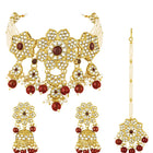 Floral Cascade Faux Kundan Set. Gold and maroon choker necklace set with Kundan, maroon beads, and white pearls, paired with matching earrings and maang tikka perfect for festive and ethnic wear.