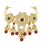 Floral Cascade Faux Kundan Set. Gold and maroon choker necklace set with Kundan, maroon beads, and white pearls, paired with matching earrings and maang tikka perfect for festive and ethnic wear.