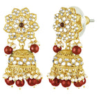 Floral Cascade Faux Kundan Set. Gold and maroon choker necklace set with Kundan, maroon beads, and white pearls, paired with matching earrings and maang tikka perfect for festive and ethnic wear.