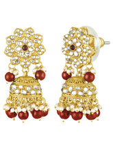 Floral Cascade Faux Kundan Set. Gold and maroon choker necklace set with Kundan, maroon beads, and white pearls, paired with matching earrings and maang tikka perfect for festive and ethnic wear.