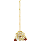 Floral Cascade Faux Kundan Set. Gold and maroon choker necklace set with Kundan, maroon beads, and white pearls, paired with matching earrings and maang tikka perfect for festive and ethnic wear.