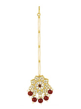 Floral Cascade Faux Kundan Set. Gold and maroon choker necklace set with Kundan, maroon beads, and white pearls, paired with matching earrings and maang tikka perfect for festive and ethnic wear.