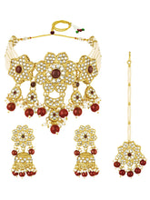 Floral Cascade Faux Kundan Set. Gold and maroon choker necklace set with Kundan, maroon beads, and white pearls, paired with matching earrings and maang tikka perfect for festive and ethnic wear.