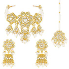 Floral Cascade Faux Kundan Set. Gold and white choker necklace set with Kundan, white beads, and white pearls, paired with matching earrings and maang tikka perfect for festive and ethnic wear.