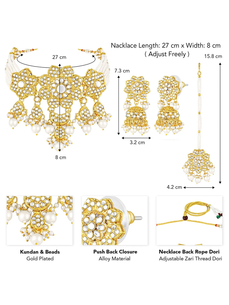 Floral Cascade Faux Kundan Set. Gold and white choker necklace set with Kundan, white beads, and white pearls, paired with matching earrings and maang tikka perfect for festive and ethnic wear.