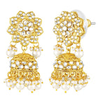 Floral Cascade Faux Kundan Set. Gold and white choker necklace set with Kundan, white beads, and white pearls, paired with matching earrings and maang tikka perfect for festive and ethnic wear.