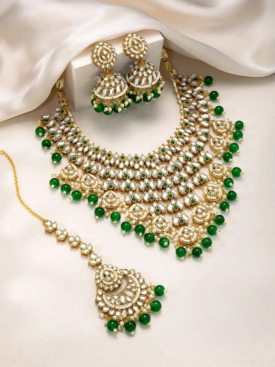 Gold Plated Green Kundan Bridal Necklace Set