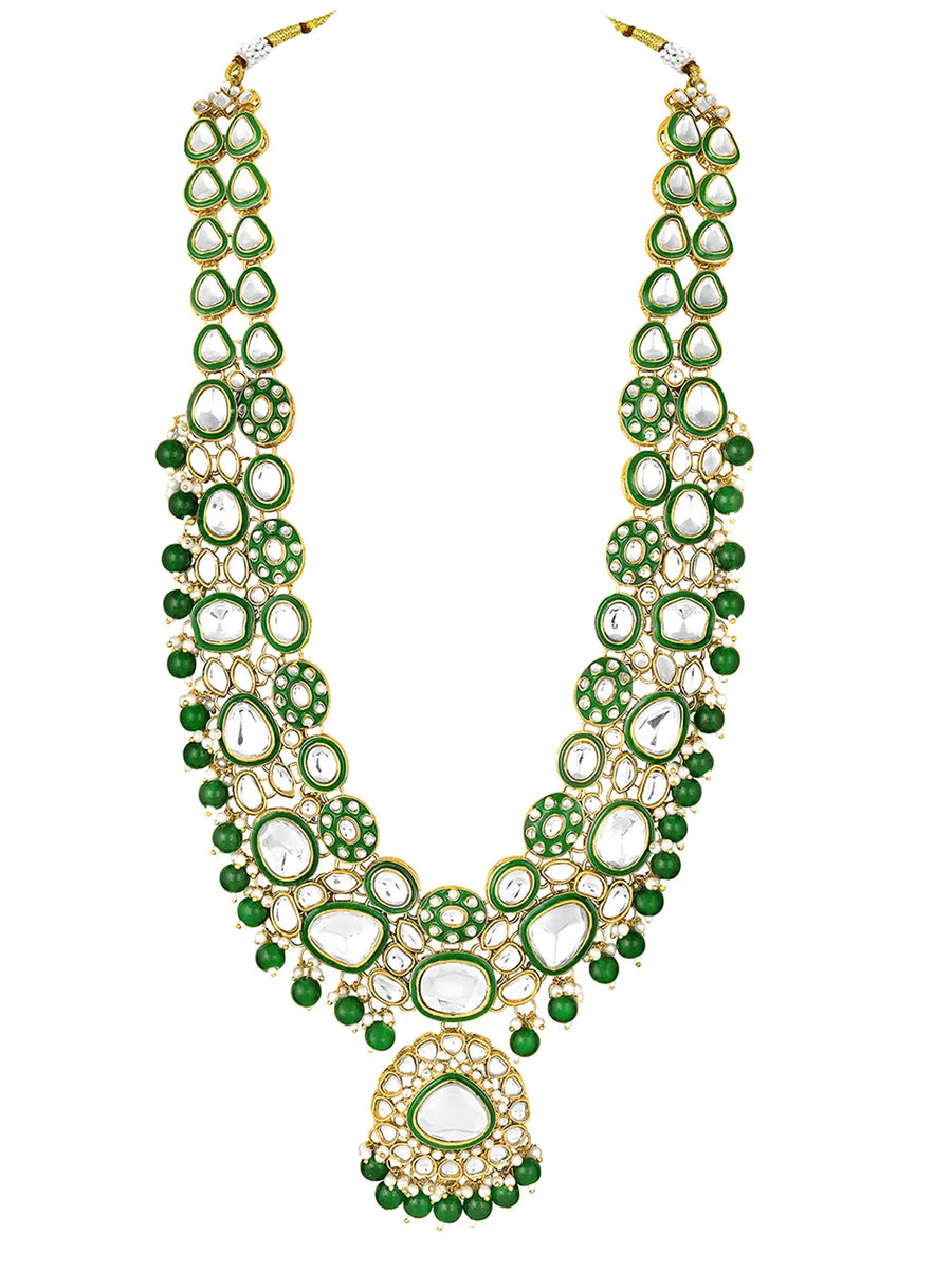 Nature's Glisten Green Necklace Set by Peora. Gold-plated green Kundan necklace set with matching earrings and maang tikka, featuring green beads & white pearls.