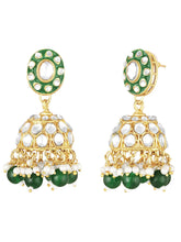 Nature's Glisten Green Necklace Set by Peora. Gold-plated green Kundan necklace set with matching earrings and maang tikka, featuring green beads & white pearls.