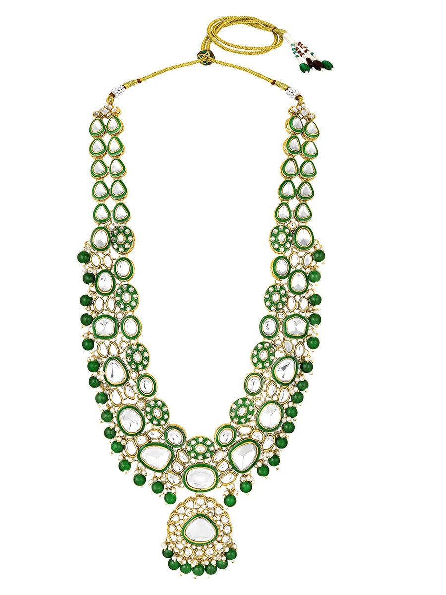 Nature's Glisten Green Necklace Set by Peora. Gold-plated green Kundan necklace set with matching earrings and maang tikka, featuring green beads & white pearls.